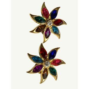 Gold-Tone Multicolor Gem Flower Clip-On Vintage Earrings